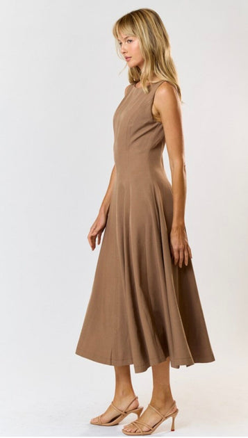 Mocha Beige Fit and Flare Sleeveless Midi Dress