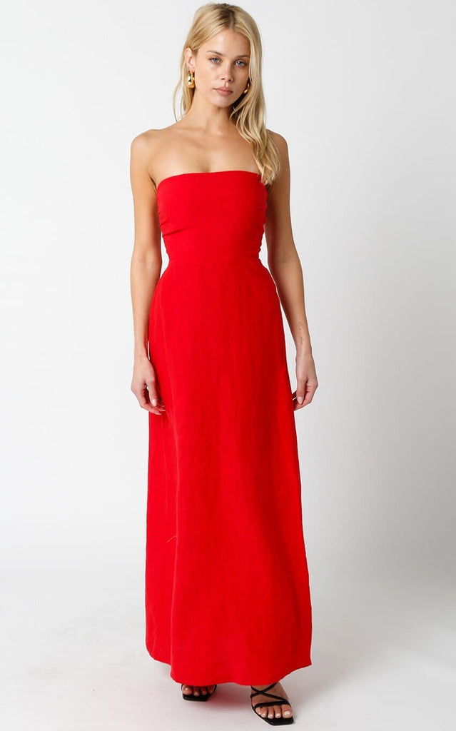Sofia Strapless Red Linen Maxi Dress dress Elenista 