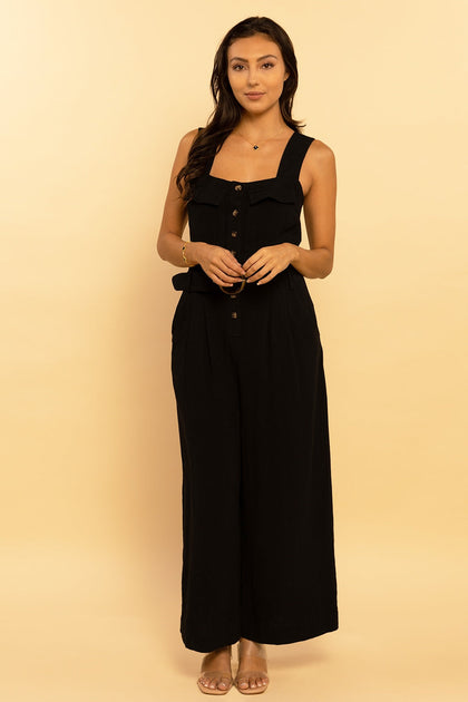 Black Belted Utility Linen Button Down Sleeveless Jumpsuit