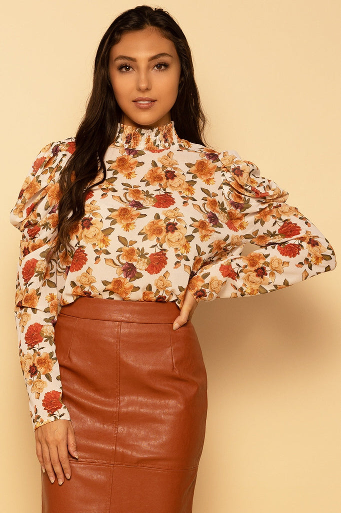 Floral Print Puff Sleeve Woven Mock Neck Top Blouse Elenista 
