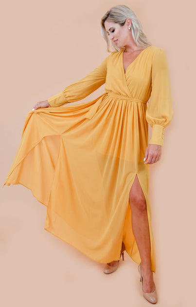 mustard chiffon dress Mustard Vienna Chiffon Maxi Dress