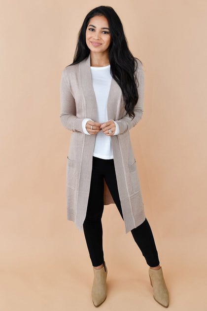 Long Beige Open Front Pocketed Knit Duster Cardigan