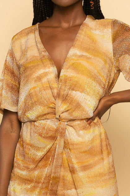 gold metallic plisse strappy knot front midi dress ALL IN FAVOR Shimmer Twist Mesh Midi Dress