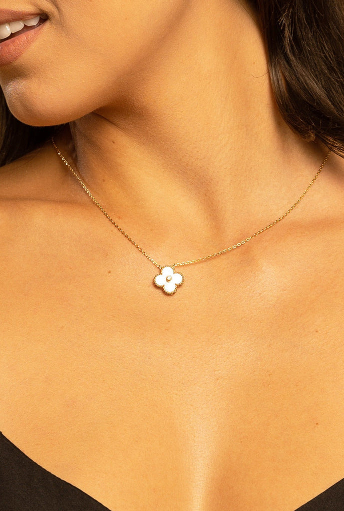 Mother of Pearl Clover With Gem 14kt Yellow Gold Plated Necklace Neckalce Elenista 