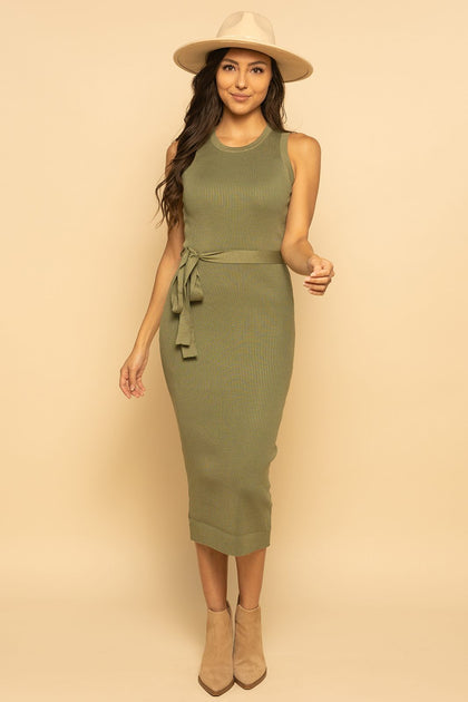 Olive Green Ribbed Sleeveless Belted Knit Midi Dress
