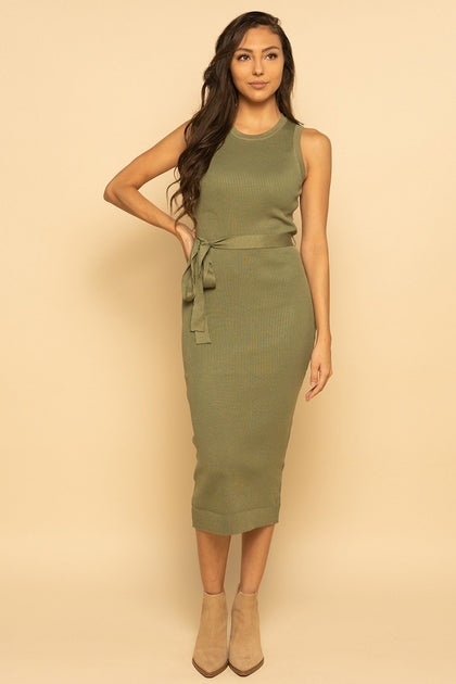 Olive Green Ribbed Sleeveless Belted Knit Midi Dress