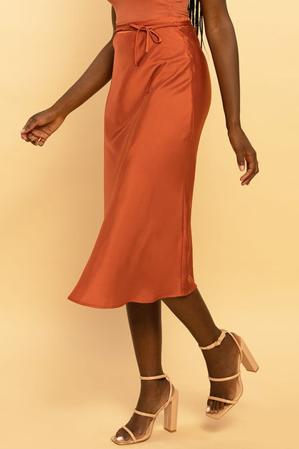 rust satin one shoulder ruched skirt midi dress Rust Satin Self-Tie Midi Skirt