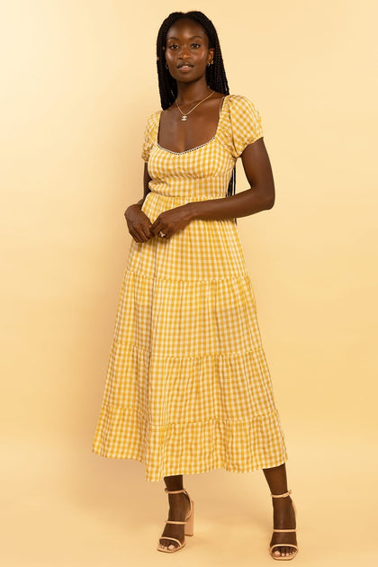 Yellow Gingham Print Sweetheart Tie Back Tiered Maxi Dress