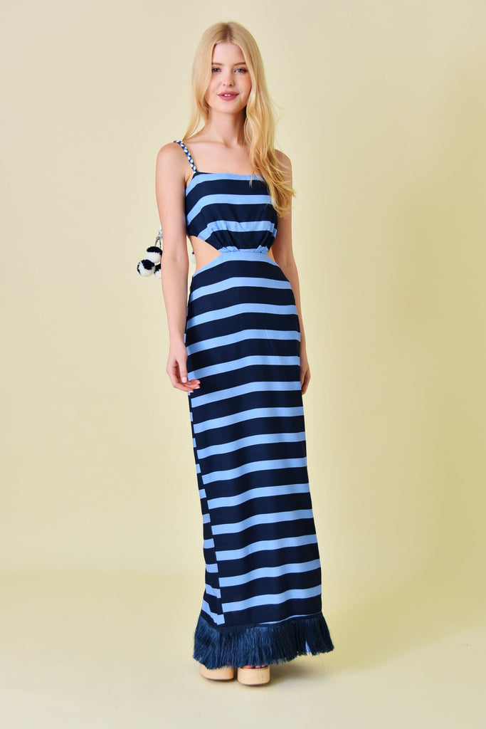 Aegean Blue Striped Cutout Tassel Maxi Dress Elenista 