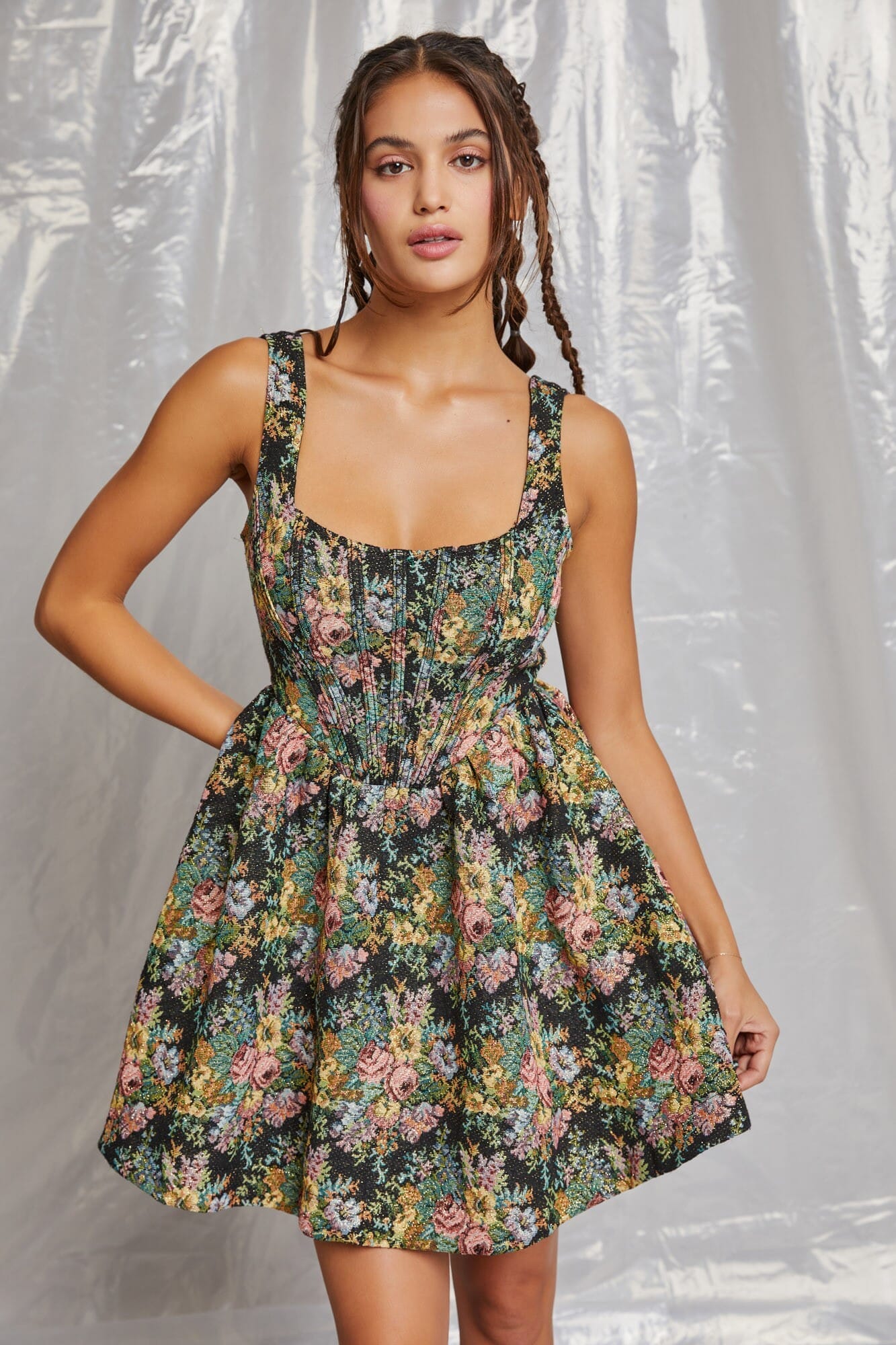 Black Floral Jacquard Babydoll Sleeveless Mini Dress dress Elenista