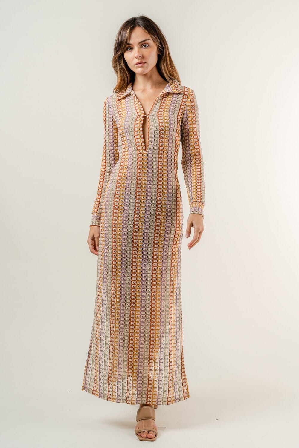 Colorblock Crochet Coverup Knit Long Sleeve Maxi Dress Colorblock Crochet Coverup Knit Long Sleeve Maxi Dress
