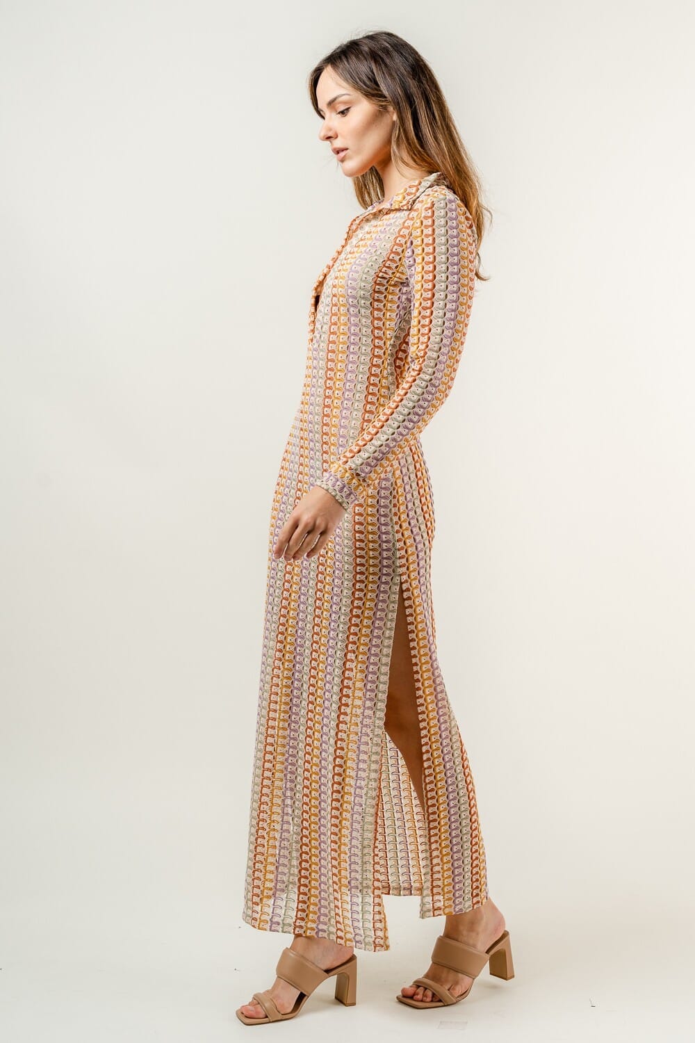 Colorblock Crochet Coverup Knit Long Sleeve Maxi Dress Colorblock Crochet Coverup Knit Long Sleeve Maxi Dress
