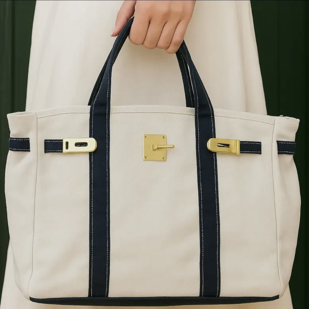 Harper Canvas Contrast Navy Trim Tote Bag Bag Elenista 