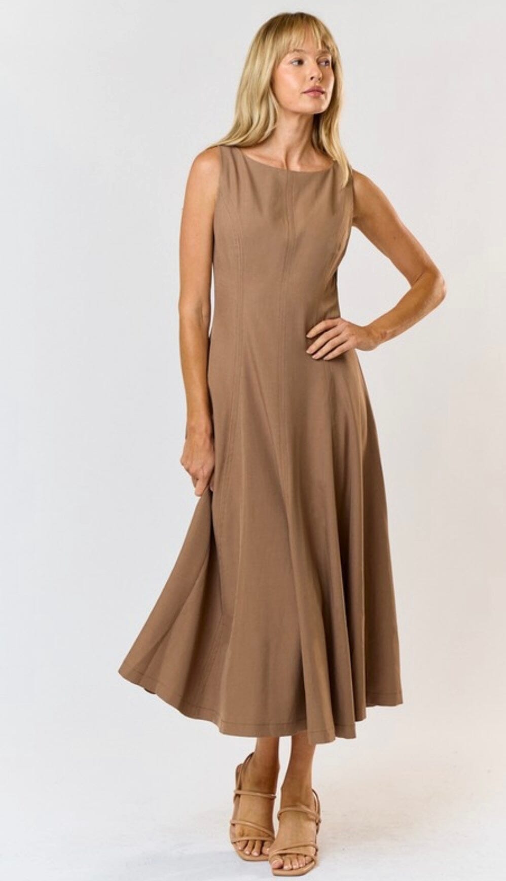 beige midi dress Mocha Beige Fit and Flare Sleeveless Midi Dress