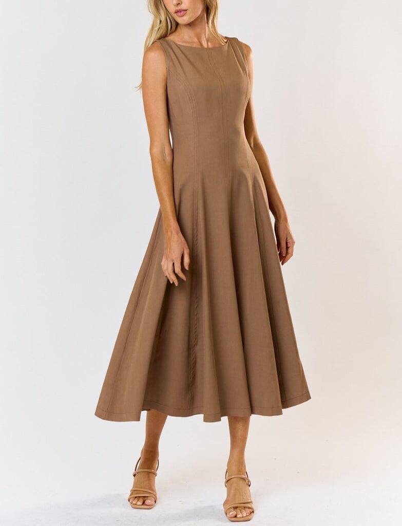 Mocha Beige Fit and Flare Sleeveless Midi Dress - Large Mocha Beige Fit and Flare Sleeveless Midi Dress - Large