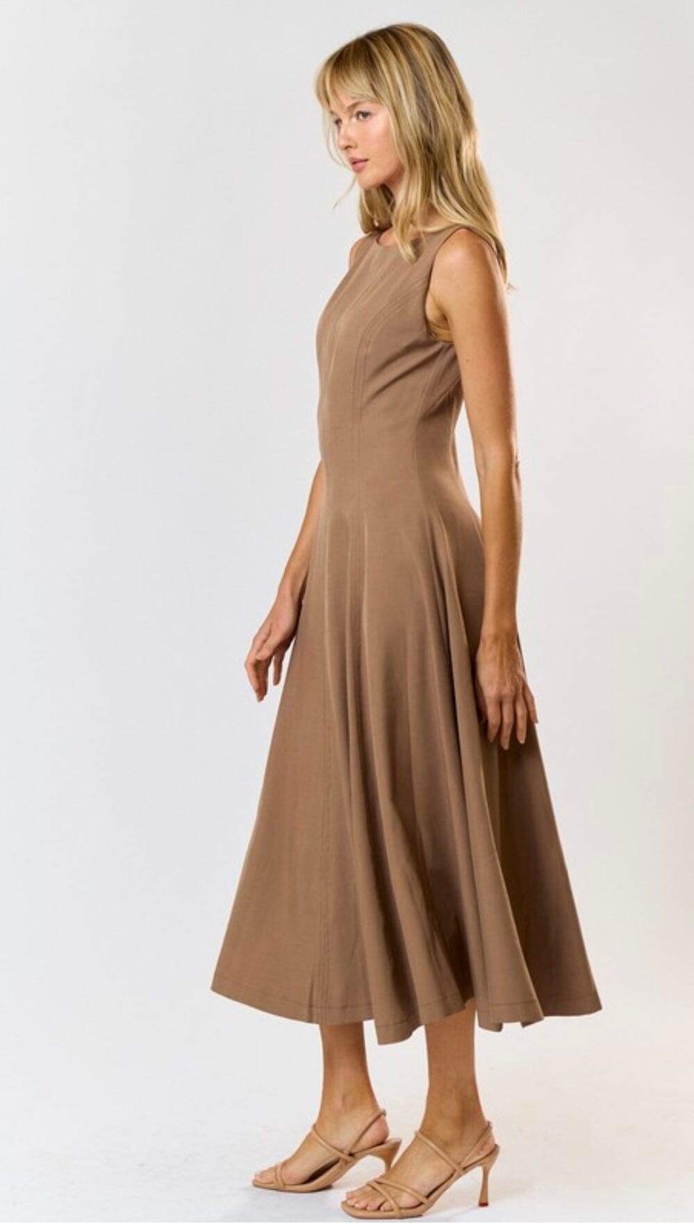 Mocha Beige Fit and Flare Sleeveless Midi Dress - Large Mocha Beige Fit and Flare Sleeveless Midi Dress - Large