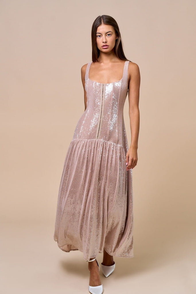 Taupe Shimmer Sequin Front Hook & Eye Maxi Dress - Medium Taupe Shimmer Sequin Front Hook & Eye Maxi Dress - Medium
