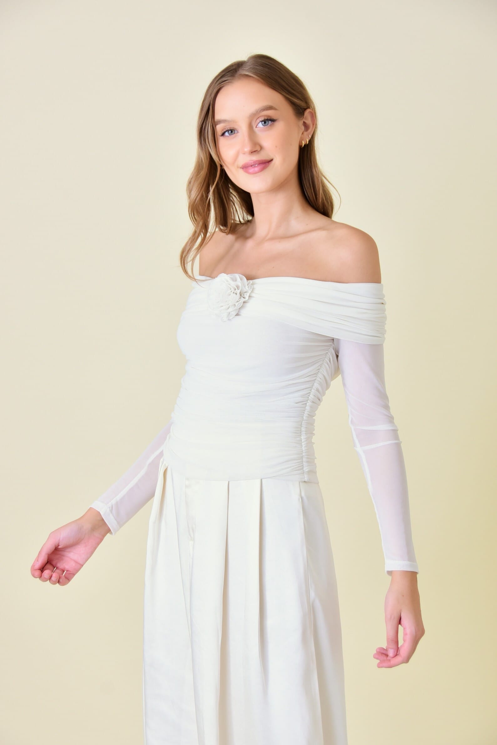 white mesh dress long sleeve White Mesh Flower Rosette Long Sleeve Off Shoulder Top