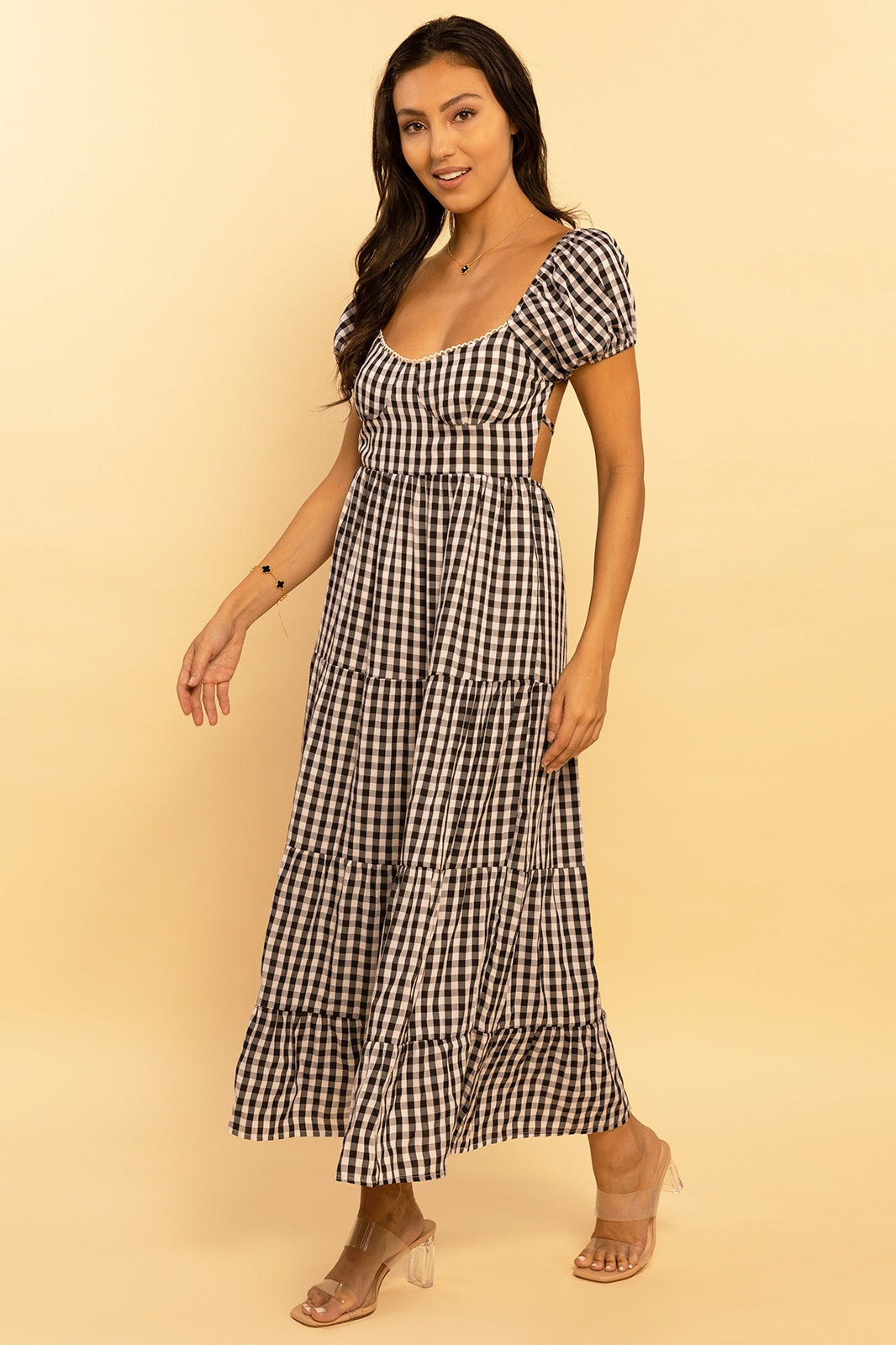 Black and Ivory Gingham Print Sweetheart Tie Back Tiered Maxi Dress Black and Ivory Gingham Print Sweetheart Tie Back Tiered Maxi Dress