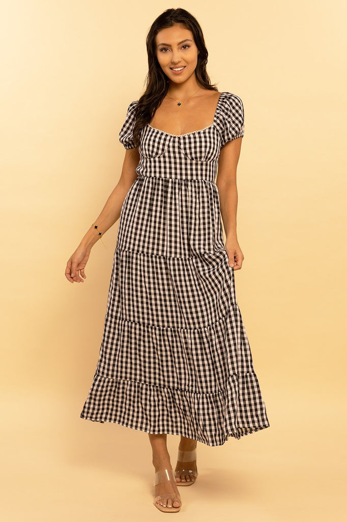 Black and Ivory Gingham Print Sweetheart Tie Back Tiered Maxi Dress Elenista 