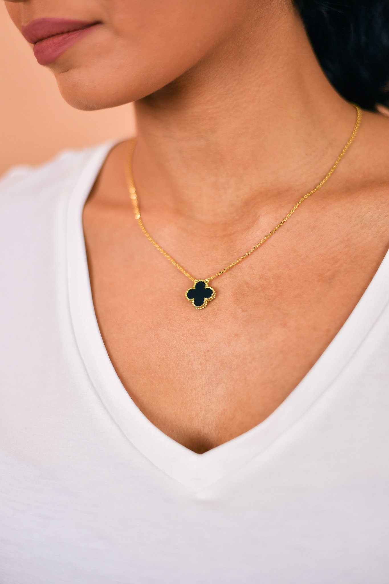 14kt Yellow Gold Plated Clover Onyx Necklace