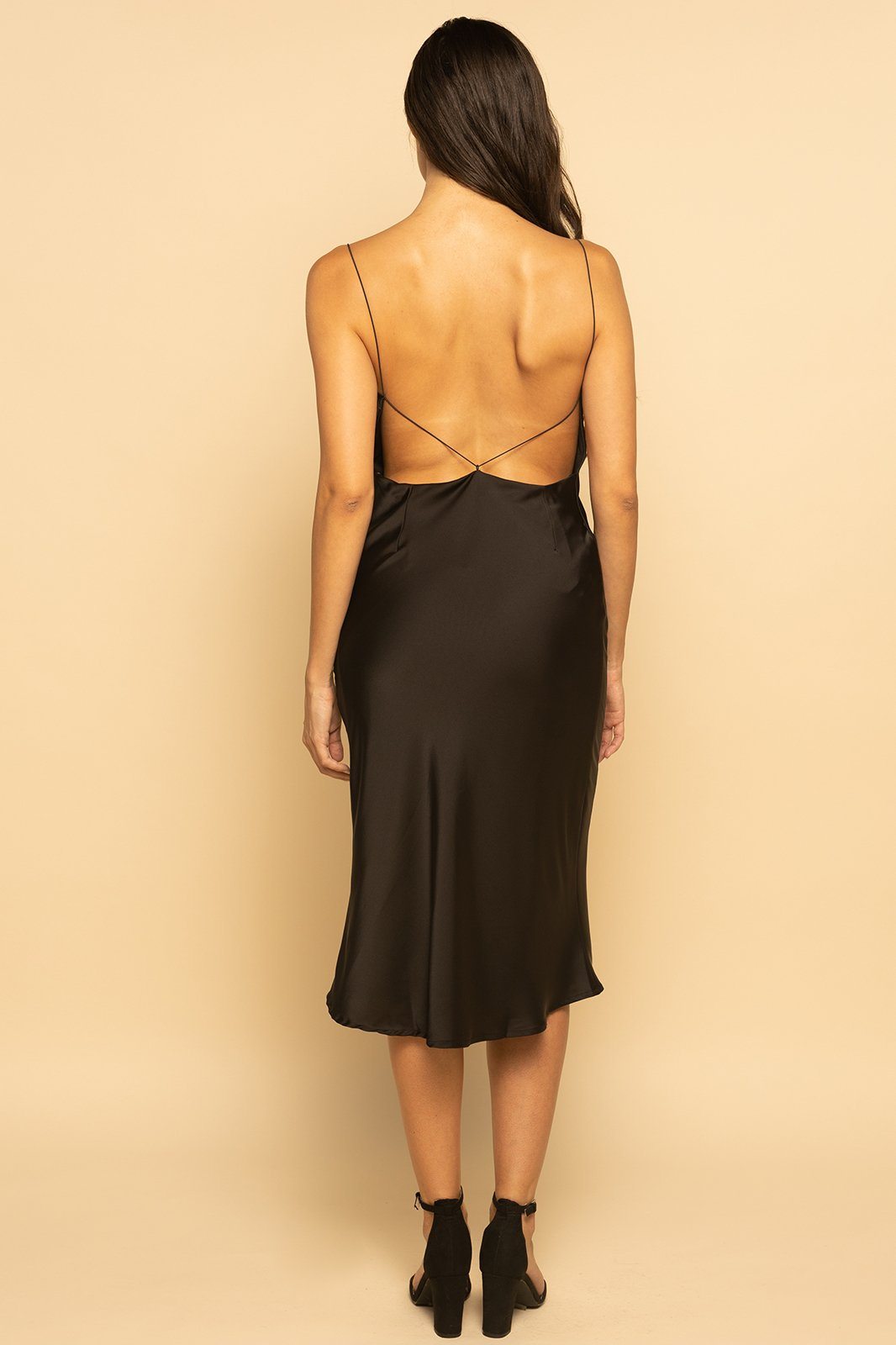 Black Satin Cowl Neck Backless Slip Midi Dress - LARGE Black Satin Cowl Neck Backless Slip Midi Dress - LARGE