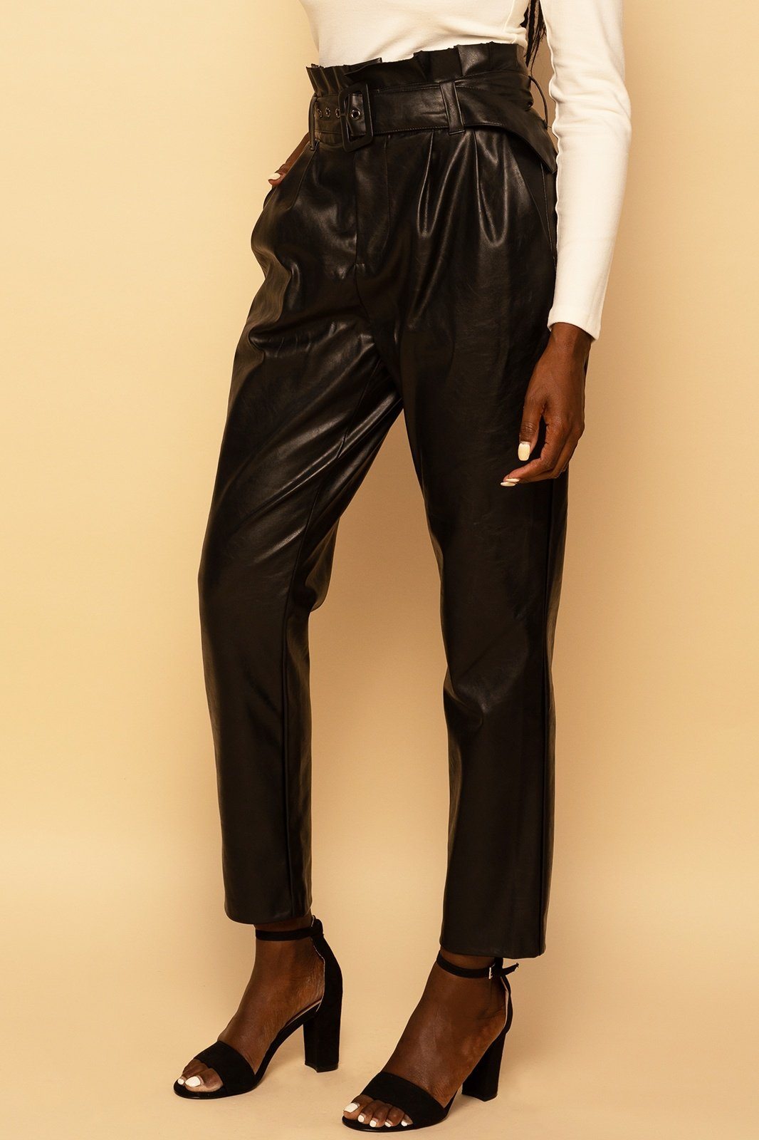 Vegan Faux Leather Paperbag Belted High-Waisted Black Pants