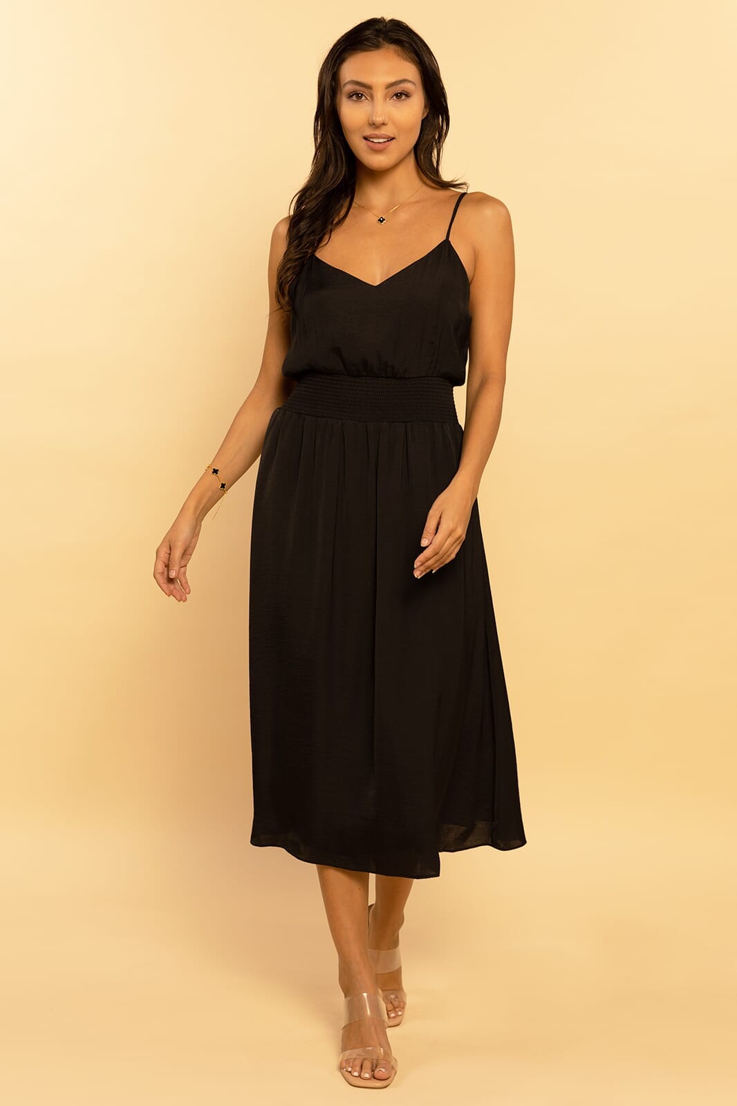Black Woven Slip Sleeveless Smocked Midi Dress Black Woven Slip Sleeveless Smocked Midi Dress