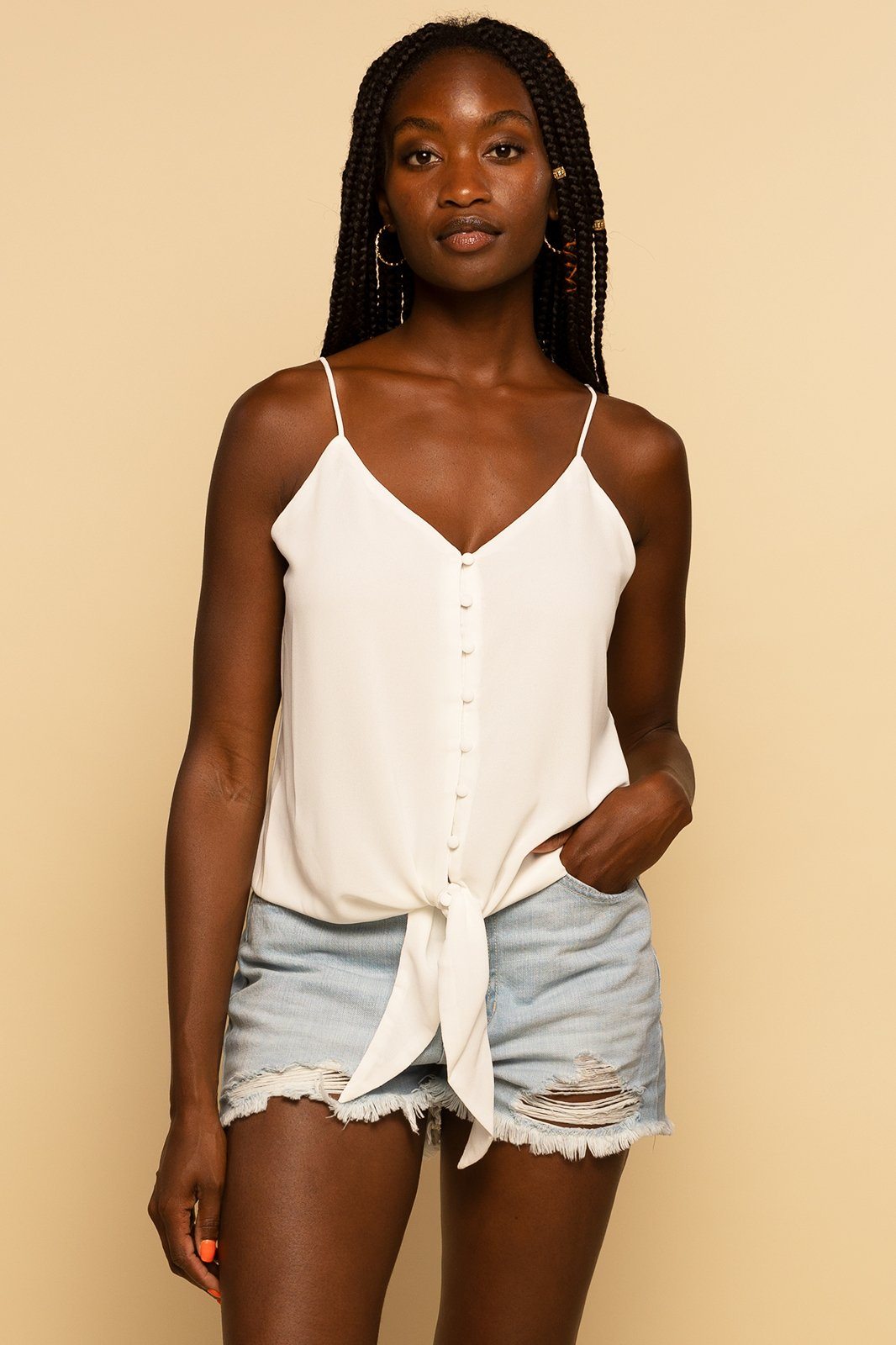 Up Tie-Front Strappy White Cami