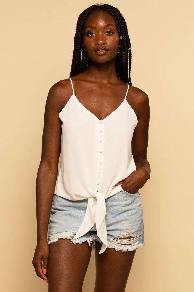 Button Up Tie-Front Strappy White Cami Tank TOP Elenista 