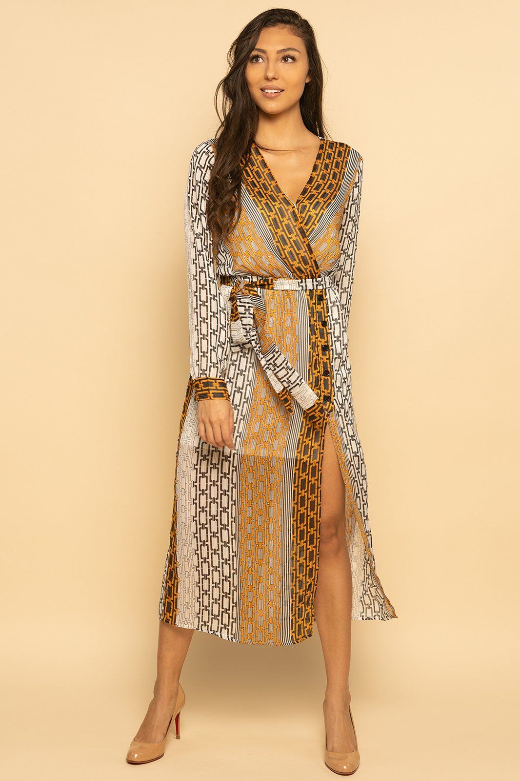 Chain Link Multicolor Faux Wrap Midi Dress Chain Link Multicolor Faux Wrap Midi Dress