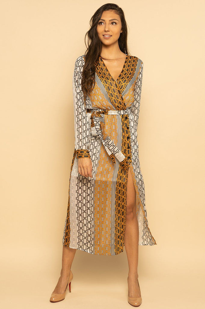 Chain Link Multicolor Faux Wrap Midi Dress dress Elenista Clothing 