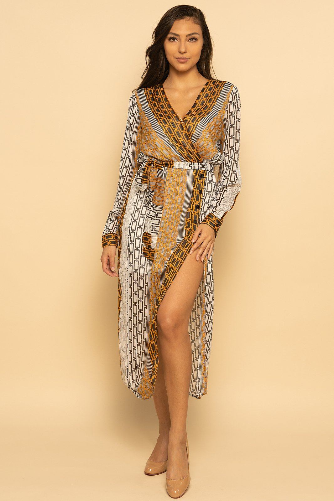 Chain Link Multicolor Faux Wrap Midi Dress Chain Link Multicolor Faux Wrap Midi Dress