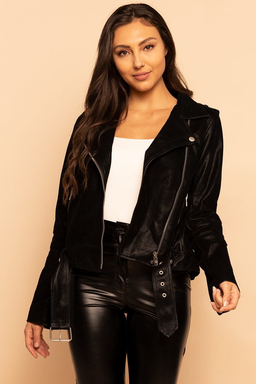 Faux Suede Leather Belted Moto Black Jacket
