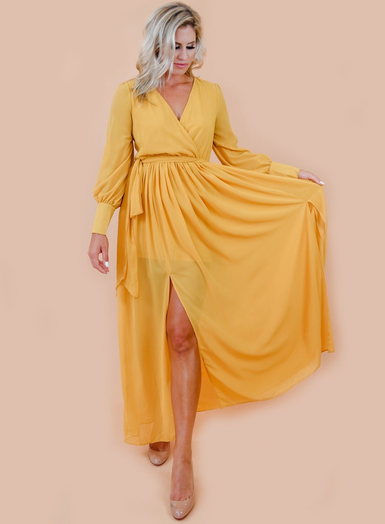 Flowing Mustard Yellow Chiffon Semi Sheer Maxi Dress dress Elenista