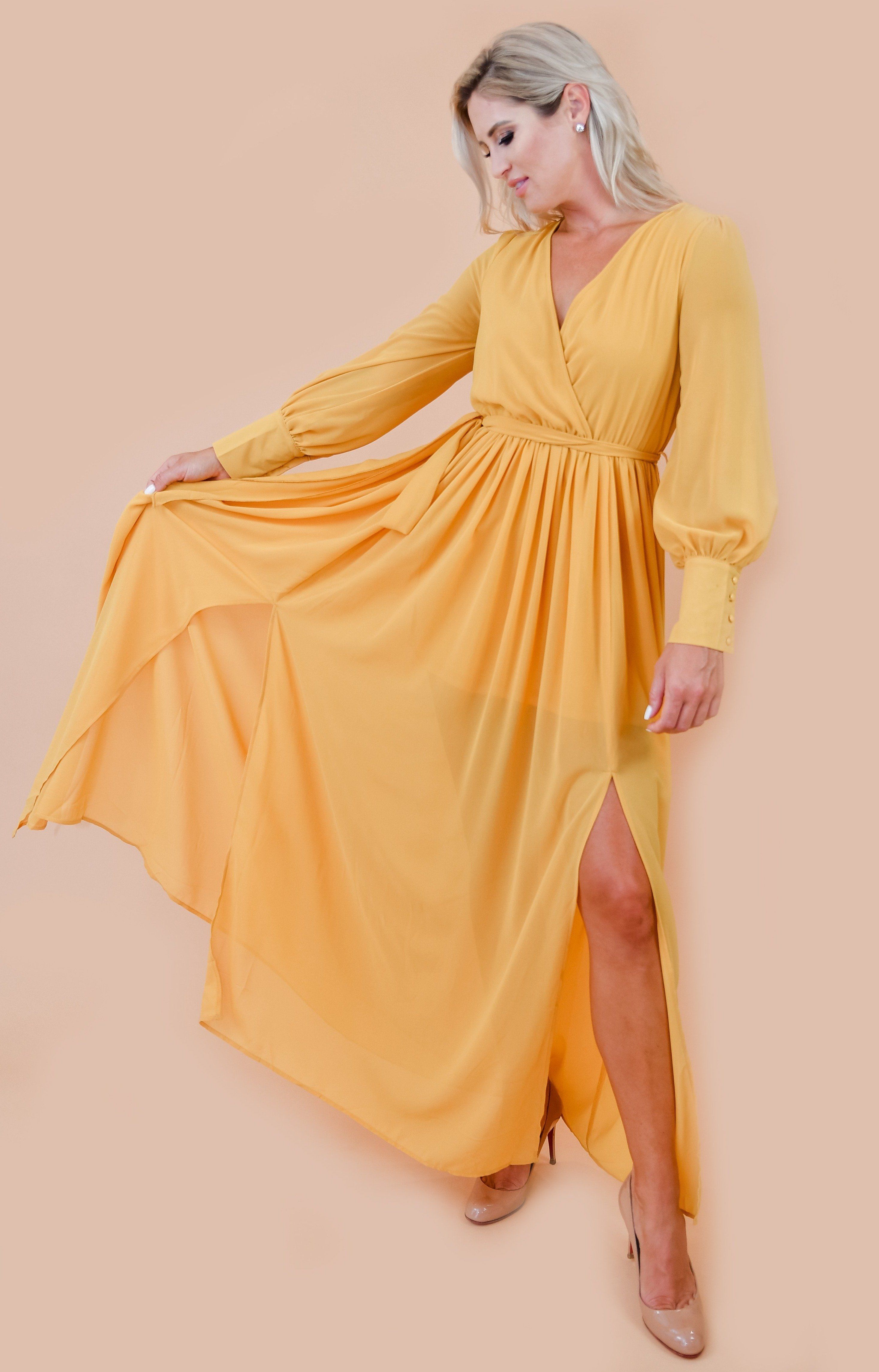Flowing Mustard Yellow Chiffon Semi Sheer Maxi Dress Flowing Mustard Yellow Chiffon Semi Sheer Maxi Dress