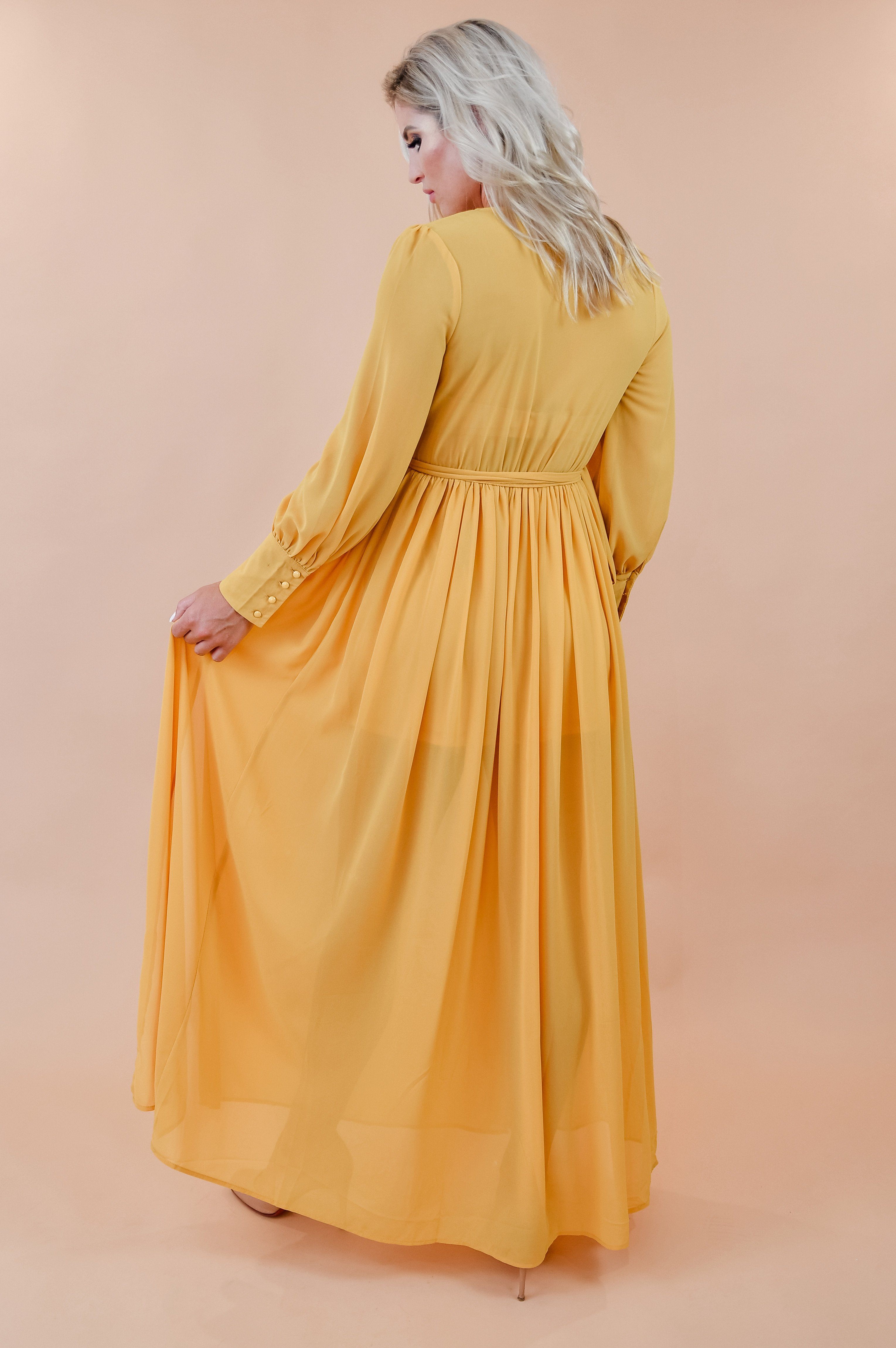 Flowing Mustard Yellow Chiffon Semi Sheer Maxi Dress - MEDIUM Flowing Mustard Yellow Chiffon Semi Sheer Maxi Dress - MEDIUM