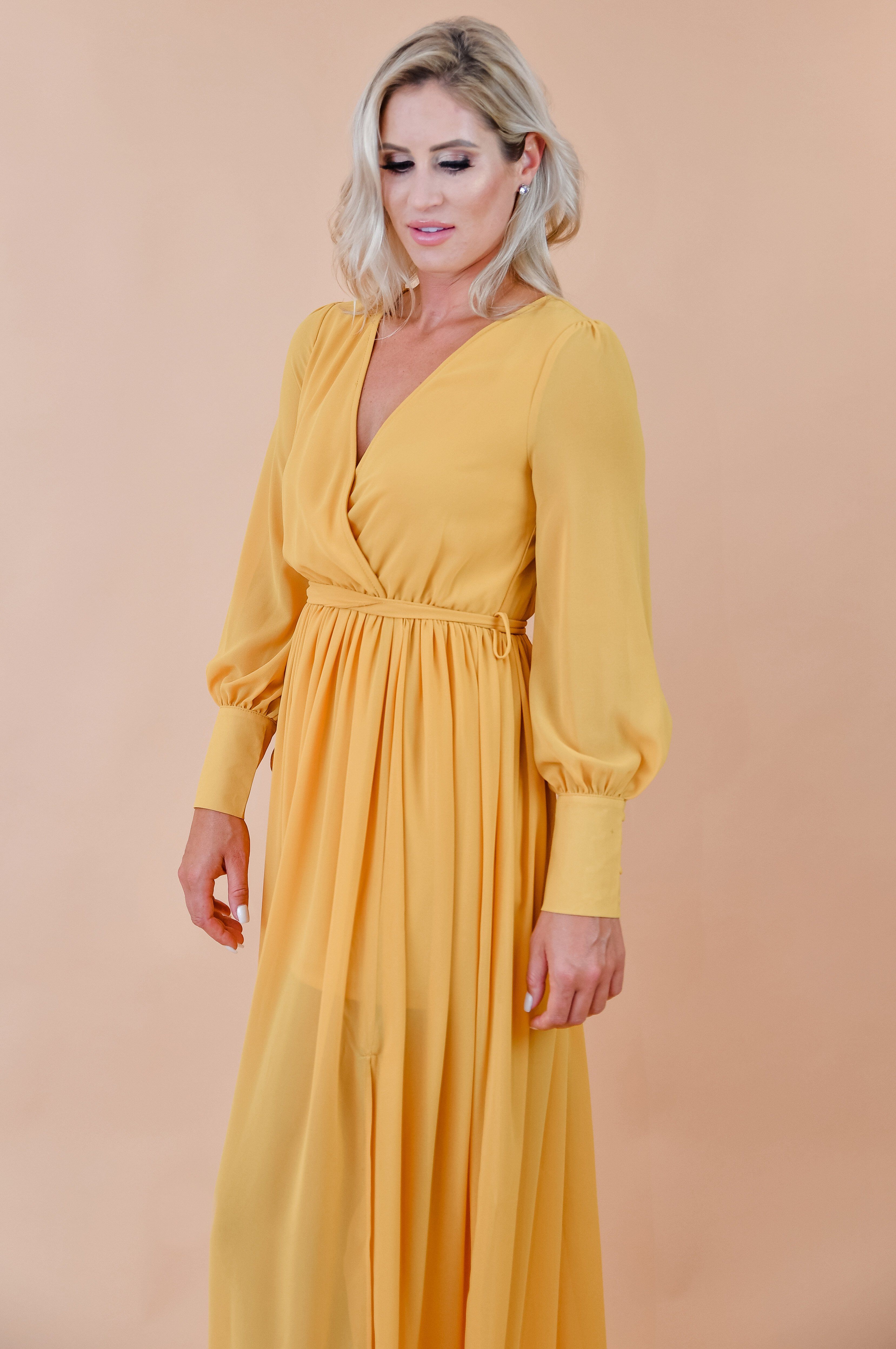 Flowing Mustard Yellow Chiffon Semi Sheer Maxi Dress - MEDIUM Flowing Mustard Yellow Chiffon Semi Sheer Maxi Dress - MEDIUM