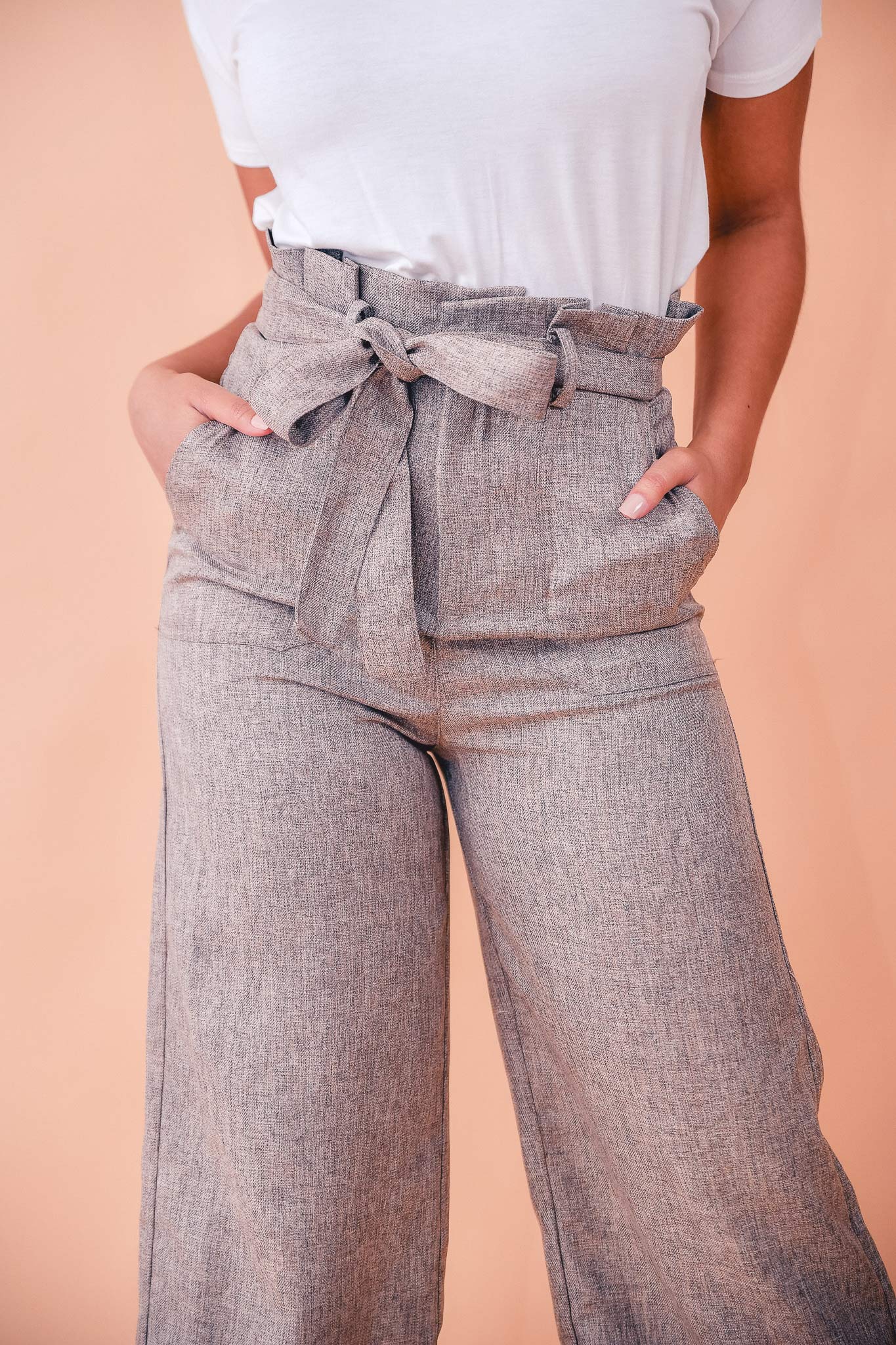 High Waisted Belted Tweed Cropped Flare Beige Pants