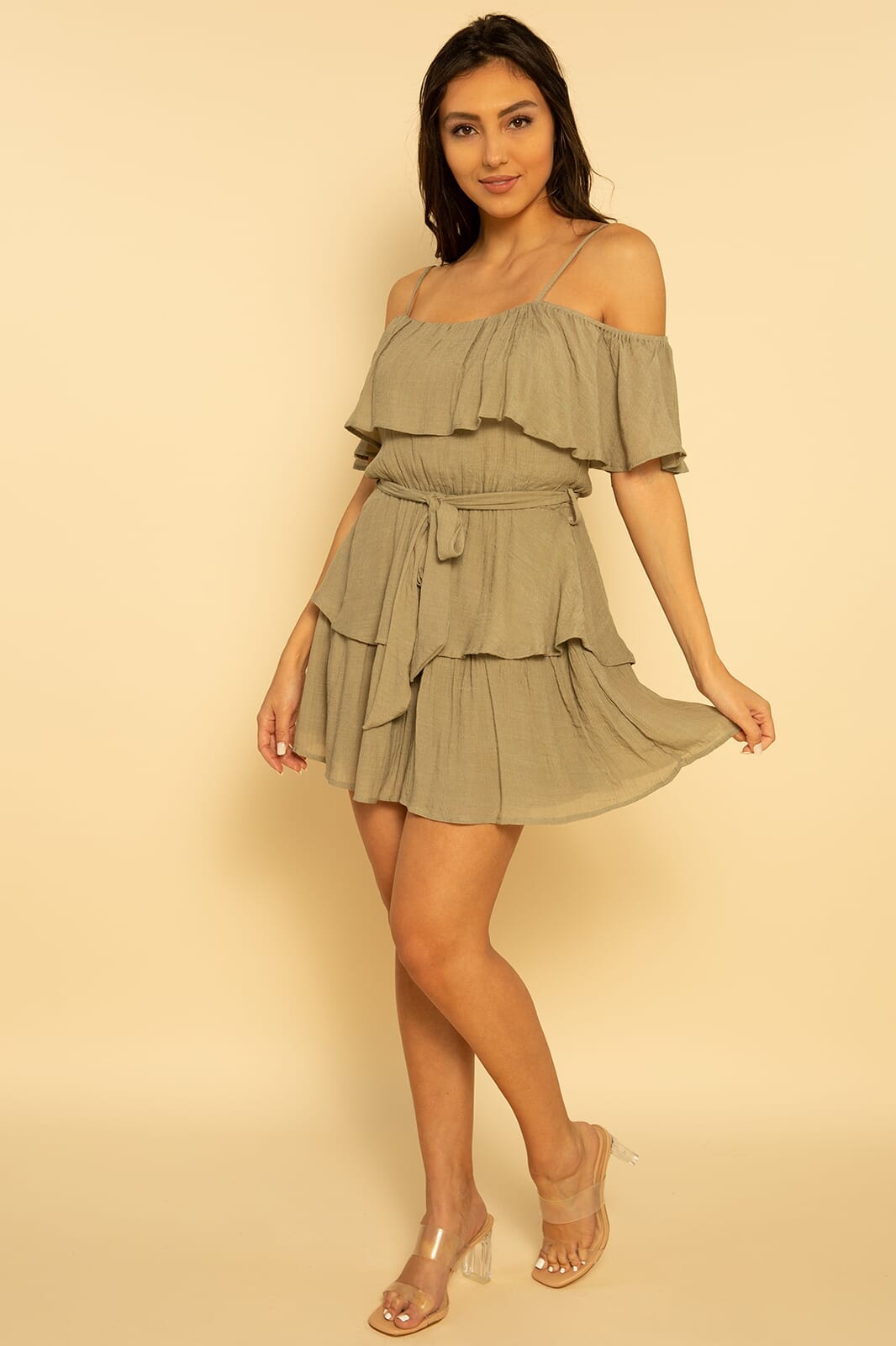 khaki green off the shoulder dress BABARONI BABARONI Chiffon Olive Green Bridesmaid Dresses Off-the-shoulder Floor-length Short Pleated A-line, Olive Green / US0
