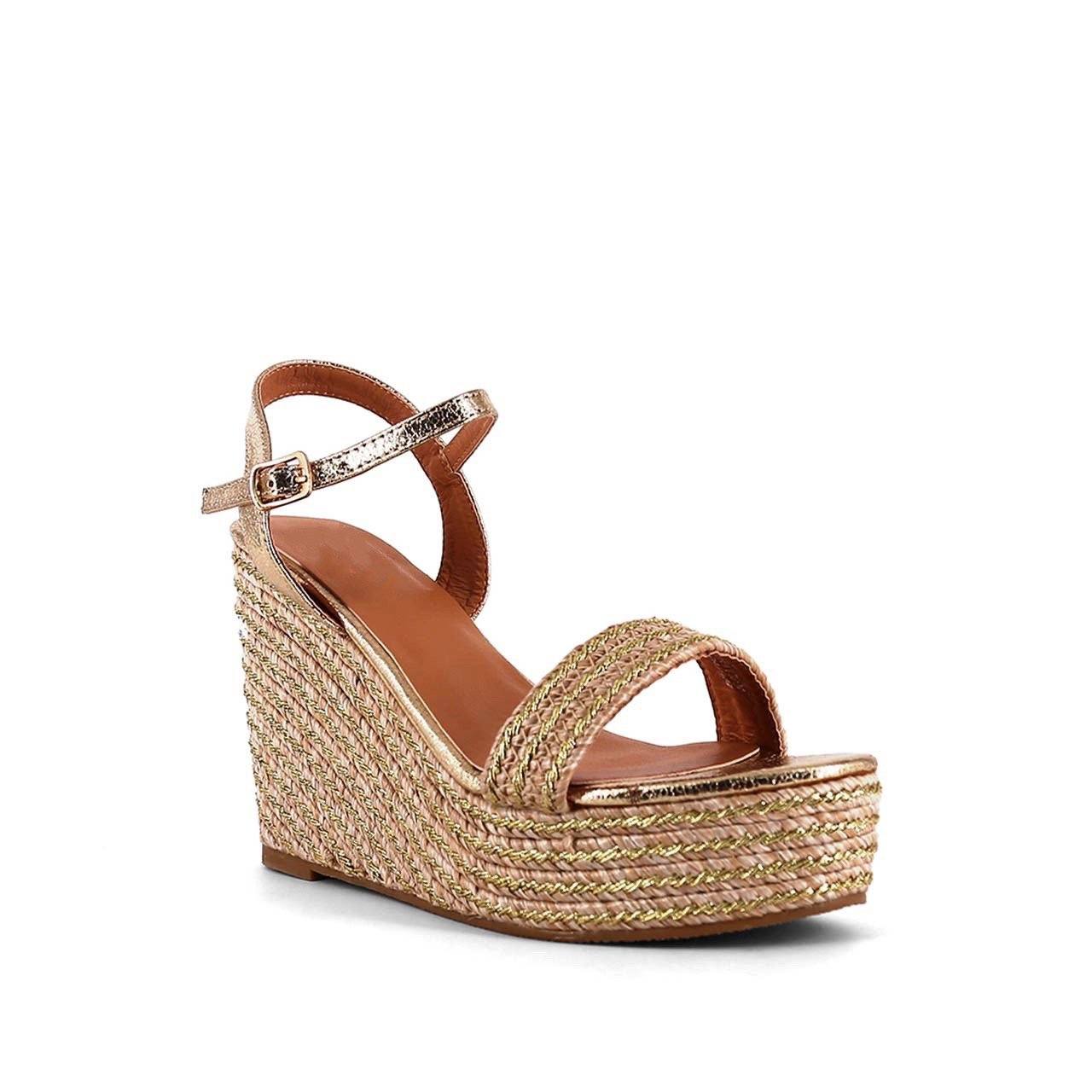 Lena Metallic Gold Leather Raffia Wedge Sandal shoes Elenista