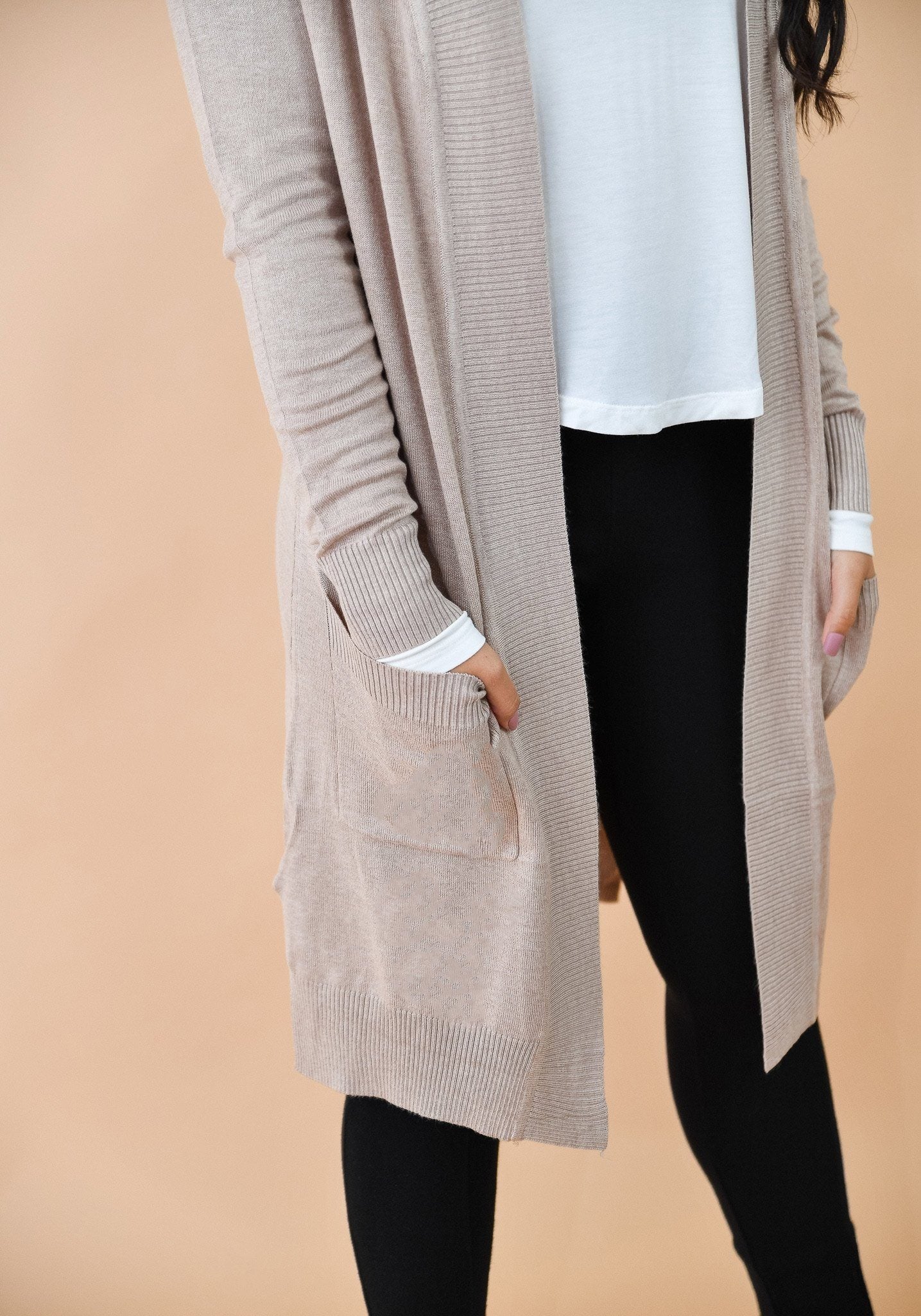 Long Beige Open Front Pocketed Knit Duster Cardigan