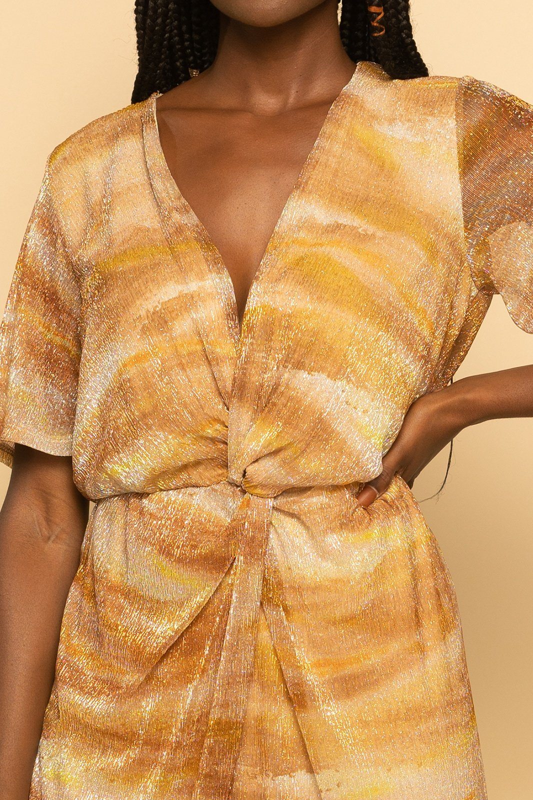 Metallic Gold Multi Abstract Dolman Plisse Midi Dress Metallic Gold Multi Abstract Dolman Plisse Midi Dress