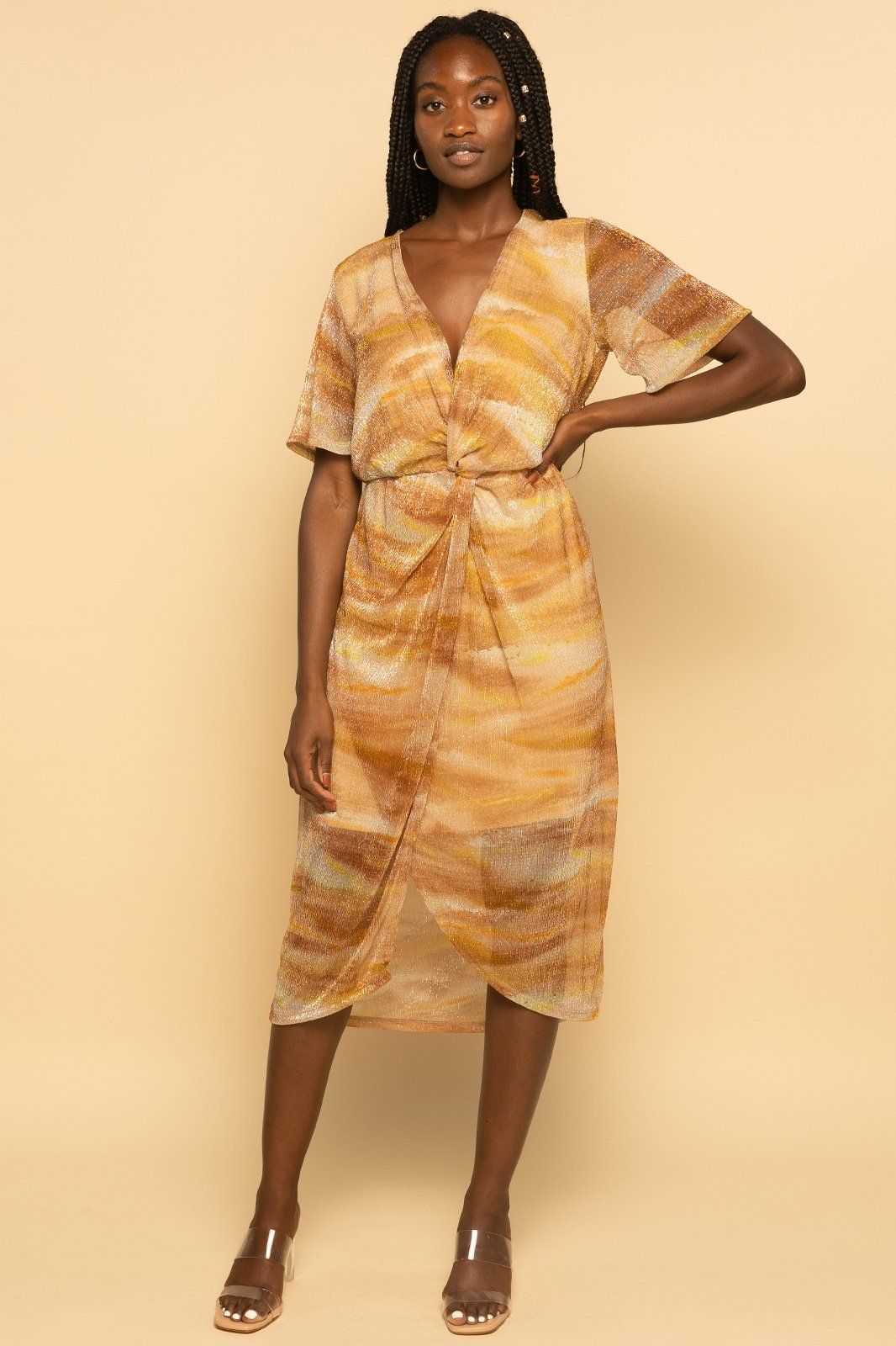 Metallic Gold Multi Abstract Dolman Plisse Midi Dress Metallic Gold Multi Abstract Dolman Plisse Midi Dress