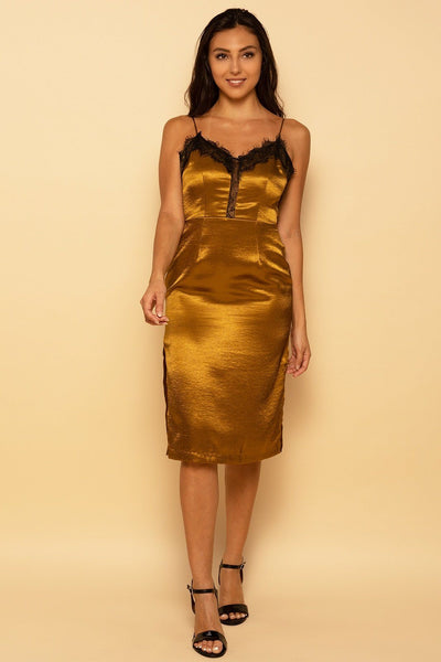 Metallic Gold Satin Lace Trim Midi Dress