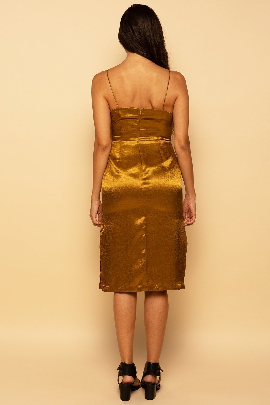 Metallic Gold Satin Lace Trim Midi Dress Metallic Gold Satin Lace Trim Midi Dress