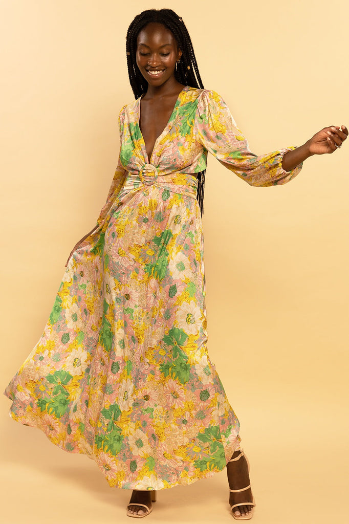 Multi-Colored Floral Satin Cutout Belted Maxi Dress Elenista