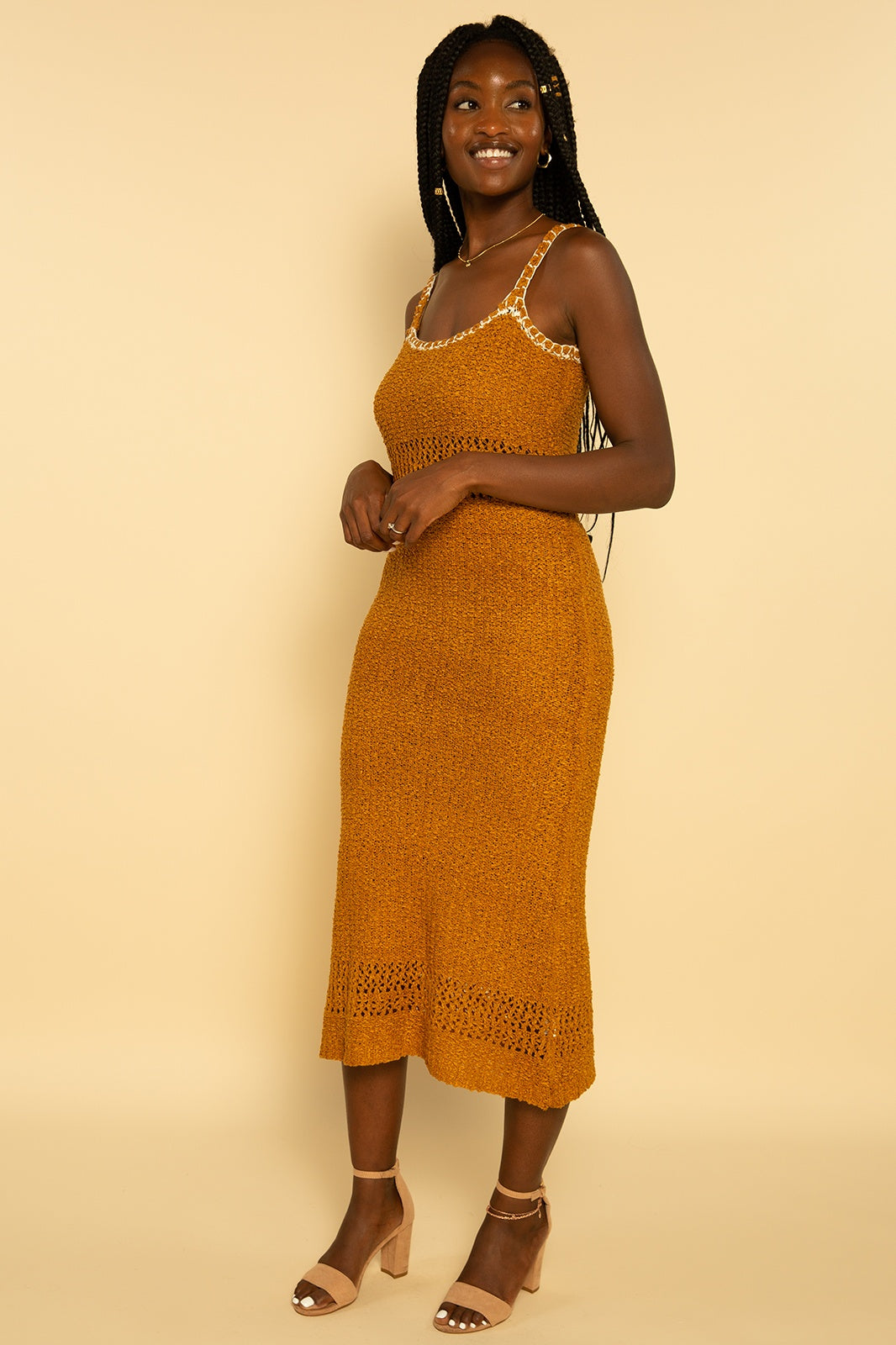 Mustard Yellow Crochet Knit Midi Dress - MEDIUM Mustard Yellow Crochet Knit Midi Dress - MEDIUM