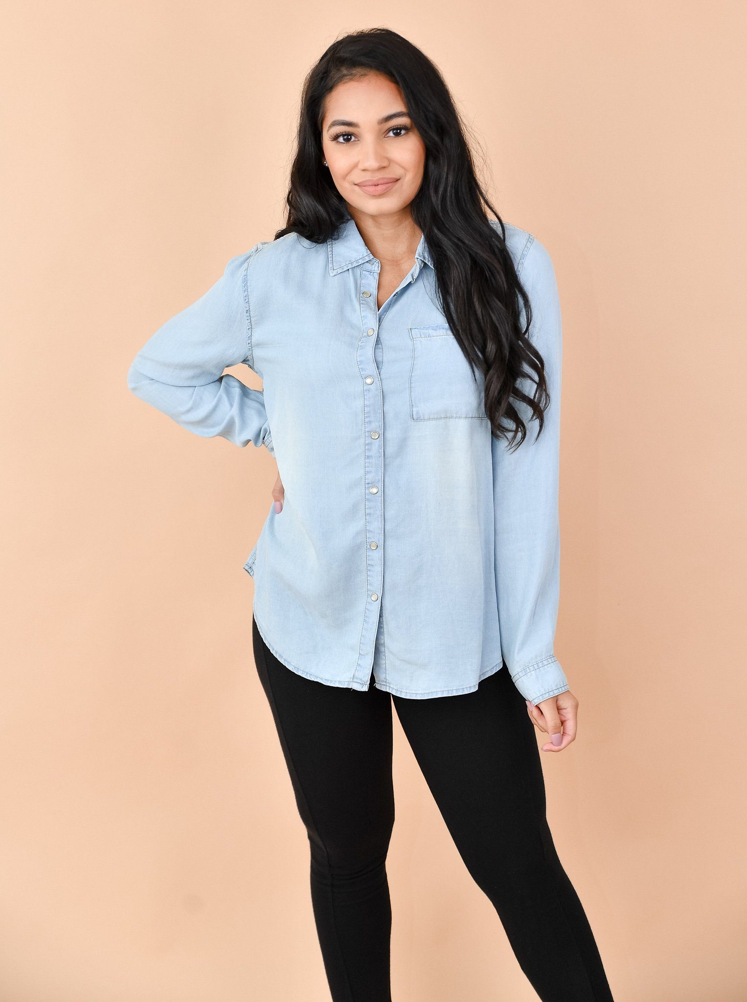 Oversized Chambray Button Up Denim Shirt Light Wash