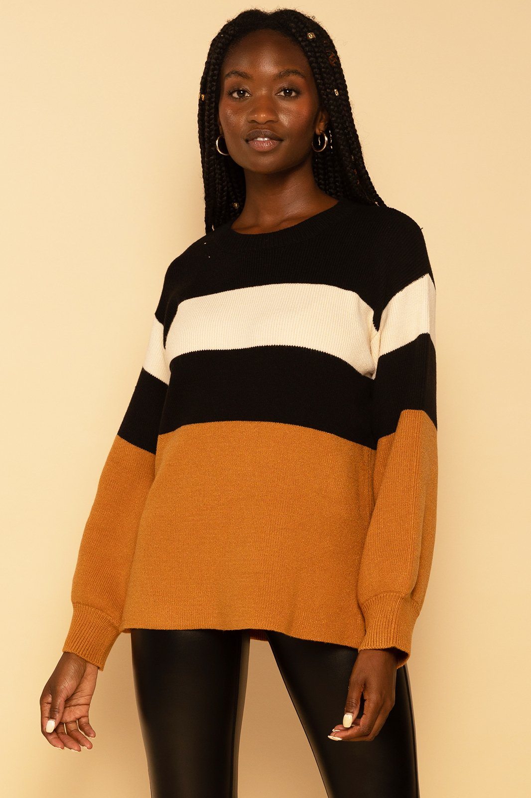 Oversized Colorblock Bubble Sleeve Knit Sweater